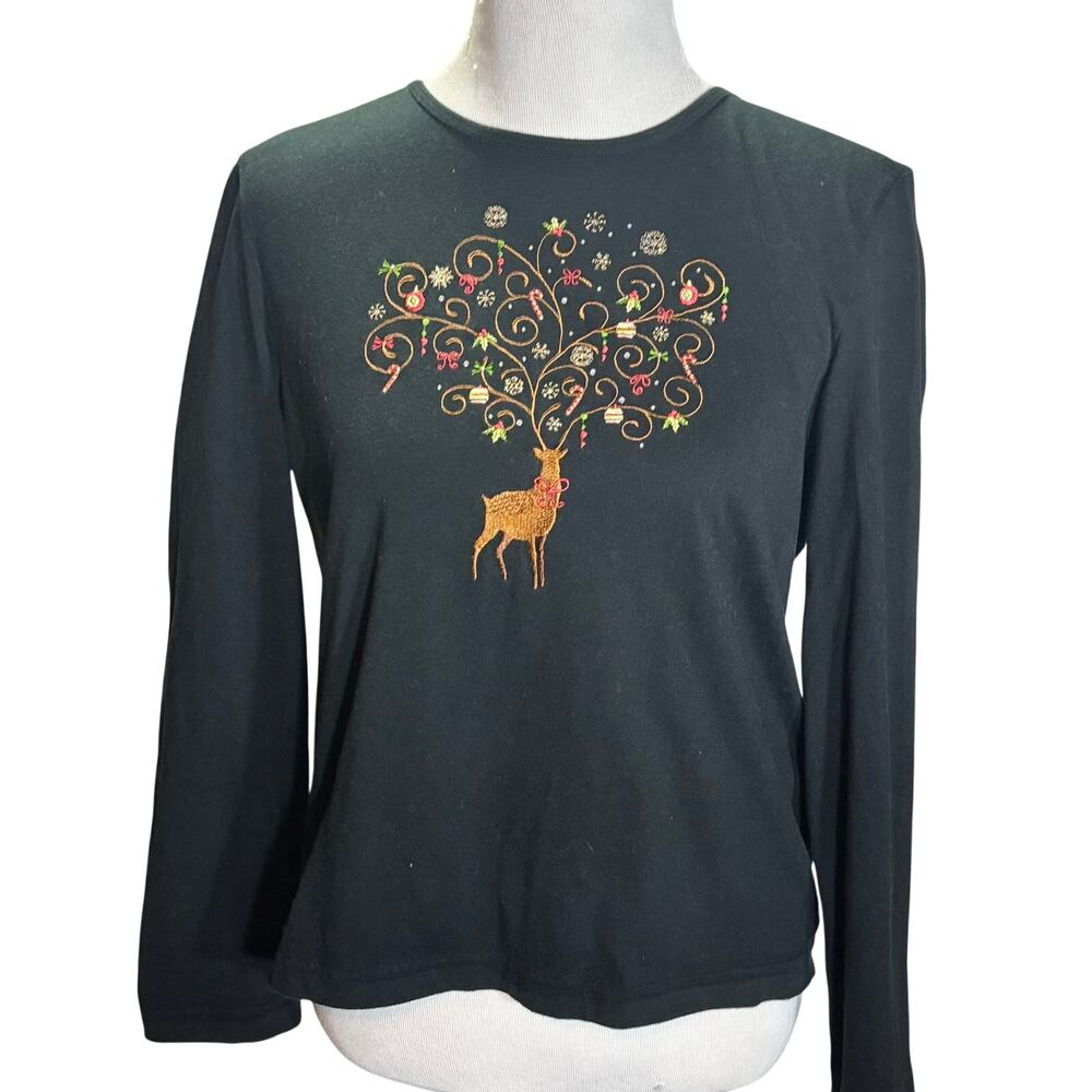 Pappagallo Casual L Black Christmas Reindeer Embroidered Long Sleeve Top Holiday